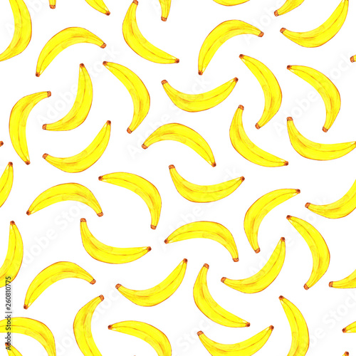 Hand drawing watercolor illustration of yellow banana fruit. Watercolor seamless pattern.