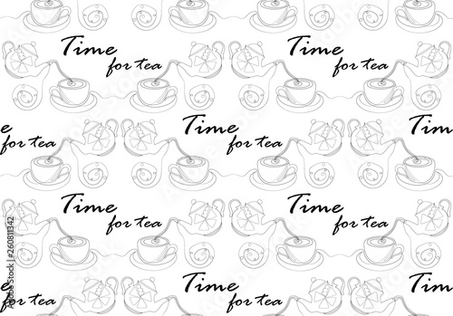 One line seamless pattern. Time for tea. Vector illustration.