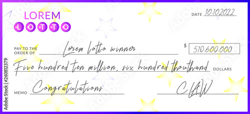 Winning lottery check. Filled lotto ticket and congratulations.
