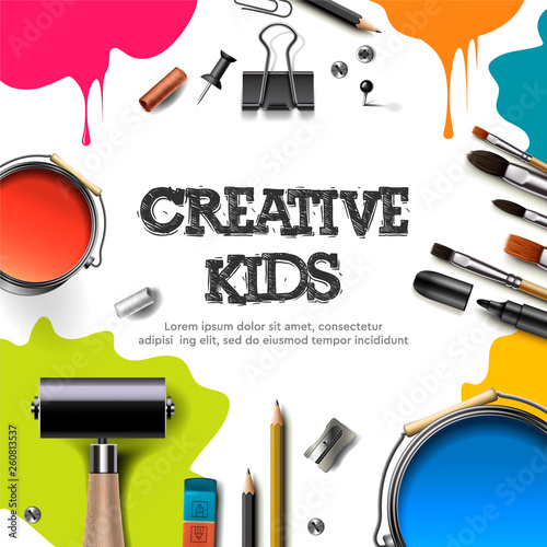 Kids art craft, education, creativity class concept. Banner or poster with white square paper background, hand drawn letters, pencil, brush, paints. Vector illustration.