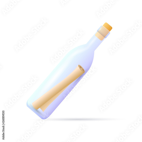Message in transparent bottle. Rolled paper in bottle closed with cork. Can be used for topics like pirate, sos, tourism