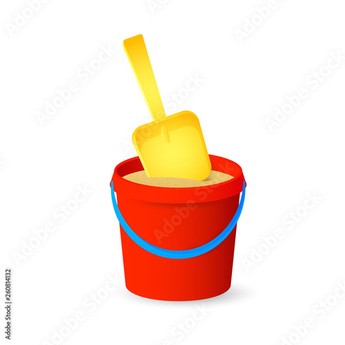 Plastic bucket with sand. Kids toys for sandbox. Can be used for topics like childhood, game, leisure