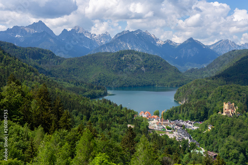 Mountain landscape in the Bavarian Alps with village Hohenschwangau, Bavaria, Germany. Sunny summer day.