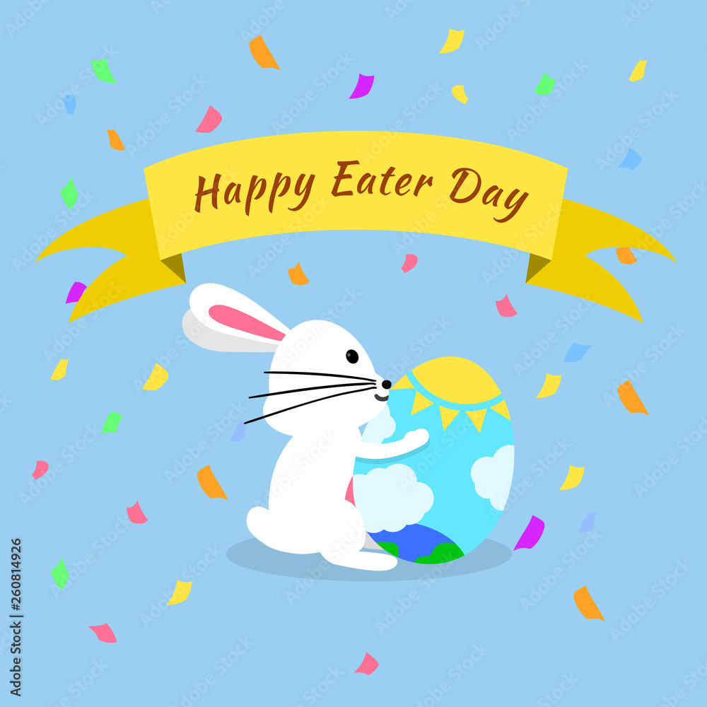 Funny and Colorful Happy Easter greeting card with rabbit, bunny illustration,eggs, banner, flag and text. can use for easter day banner