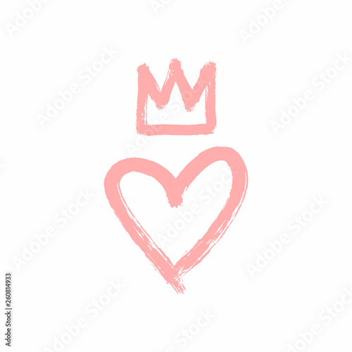 Heart and crown drawn by hand with a rough brush. Sketch, grunge, watercolor, paint, graffiti.