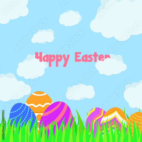 Funny and Colorful Happy Easter greeting card with illustration of eggs  clouds  grass and text