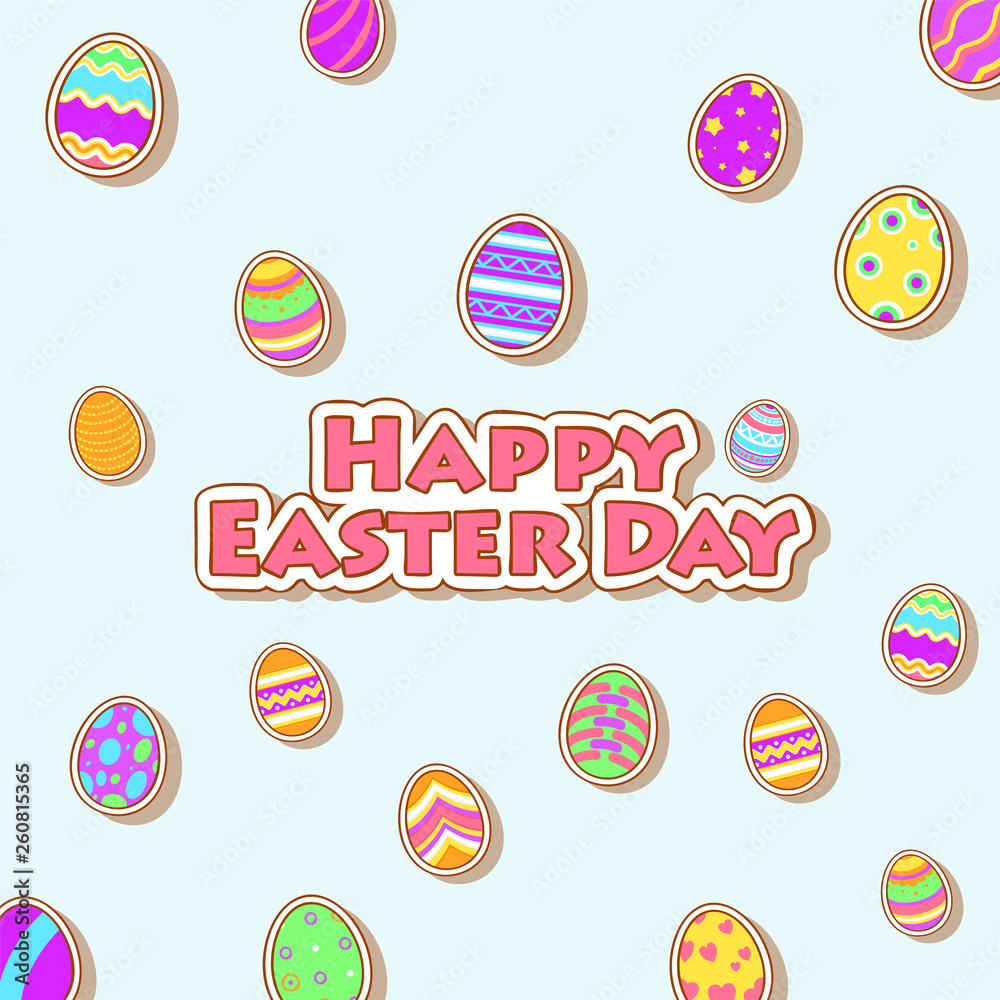 Funny and Colorful Happy Easter greeting card with illustration of eggs and text