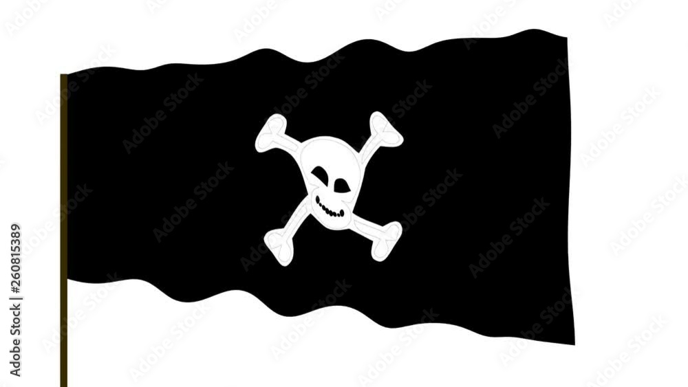Pirate waving black flag with image of human skull isolated on white ...