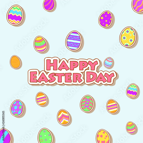 Funny and Colorful Happy Easter greeting card with illustration of eggs and text