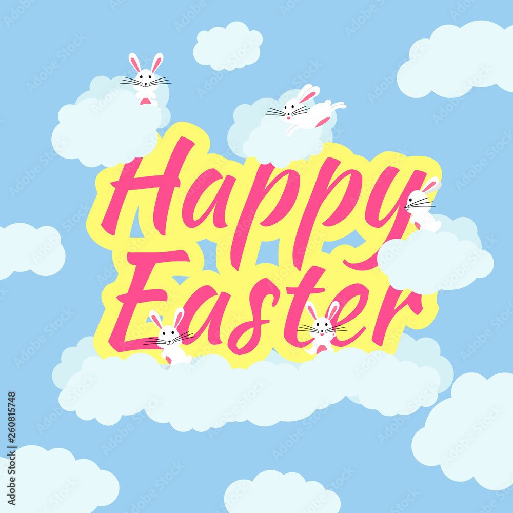 Funny and Colorful Happy Easter greeting card with rabbit, bunny illustration, clouds, and text
