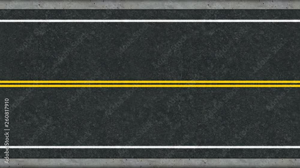 Animation asphalt road looping. Close up view to an asphalt road with an marking strip. Asphalt highway with yellow markings lines