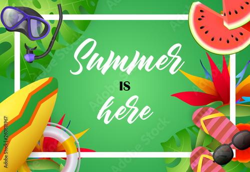 Summer is here bright poster design. Diving mask, watermelon, tropical flowers, surfboard and text in frame on green background. Vector illustration can be used for banners, flyers, greeting cards