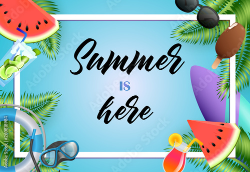 Summer is here bright poster design. Ice cream, diving mask, watermelon, surfboard and text in frame on light blue background. Vector illustration can be used for banners, flyers, greeting cards