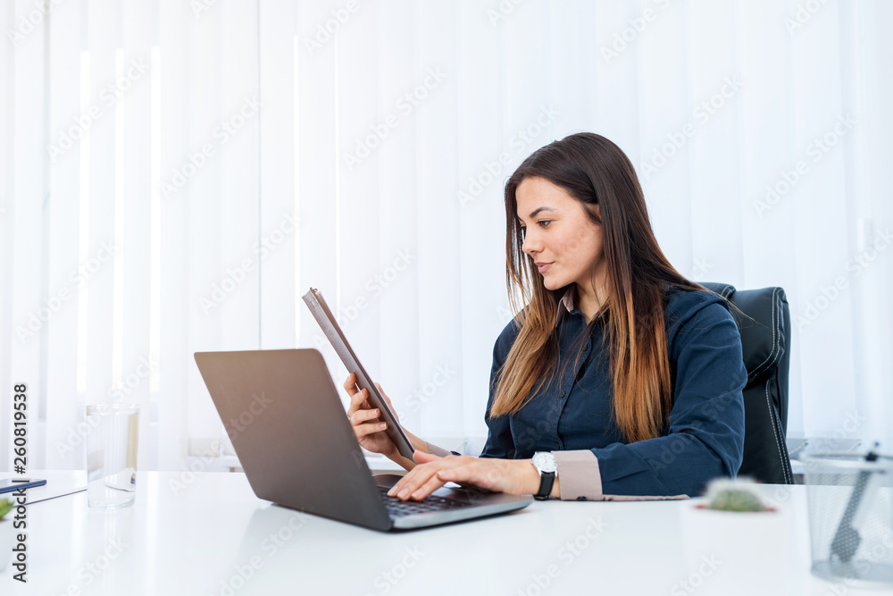 Beautiful woman comparing data on laptop in an office. Beautiful woman comparing data on laptop in an office.