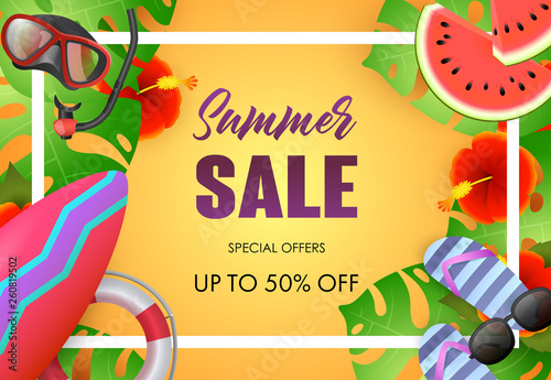 Summer sale bright poster design. Sunglasses, tropical leaves, surfboard, diving mask and text in frame on yellow background. Vector illustration can be used for banners, flyers, ads