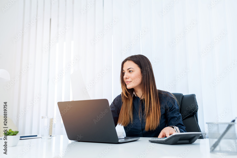 Woman with long brown hair sitting behind her office desk and calculating income. Woman with long brown hair sitting behind her office desk and calculating income.