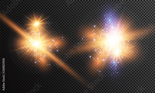 Vector illustration of abstract flare light rays. A set of stars, light and radiance, rays and brightness. Glow light effect. Vector illustration. Christmas flash Concept