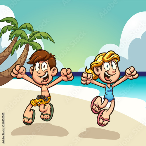 Cartoon kids enjoying summer vacations on the beach clip art. Vector illustration with simple gradients. Some elements on separate layers. 