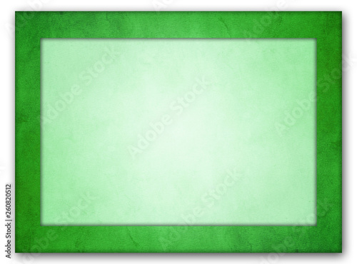 An isolated picture frame with an rich green grunge texture frame and a light green interior texture with glowing center.