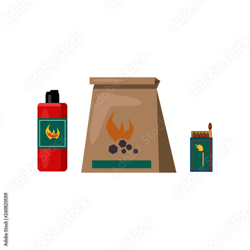 Charcoal and matches illustration. Picnic, barbeque, outside. Grill party concept. Vector illustration can be used for topics like eating, food, grill picnic