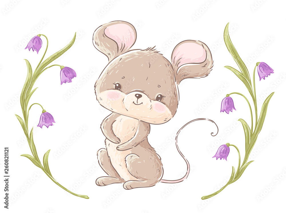 Obraz Cute little mouse and bell flowers
