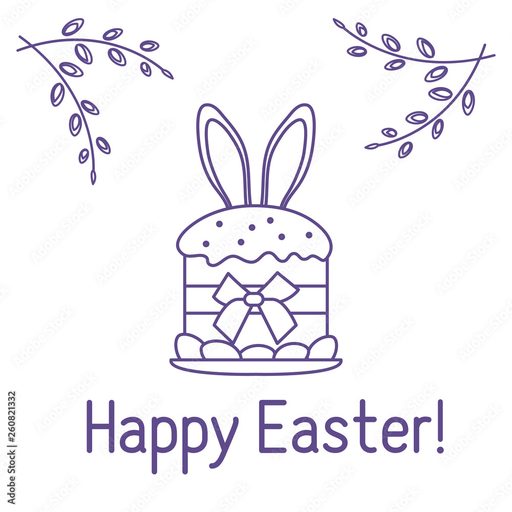 Fototapeta premium Easter cake, bunny ears, willow branches. Linear