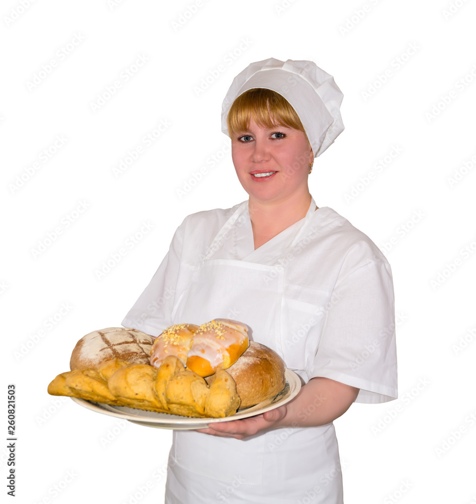 woman baker holds a dish with sweet buns isolated woman baker holds a dish with sweet buns isolated