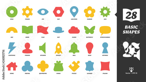 Basic color glyph shapes icon set with simple silhouette lightning, person, speaker, rocket, bell, bulb, keyhole, home, trefoil, quatrefoil, purse, puzzle, leather, pillow and more colorful sign.