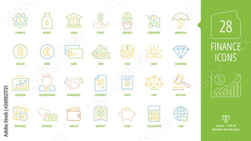 Business and finance editable stroke color line icon set  with money, bank, piggy, credit, exchange, deposit, web, law, dollar, euro, coin, card, currency, handshake and more outline thin symbols.