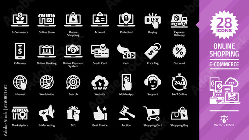 E-commerce and online shopping glyph icon set on a black background with e-money and e-marketing, digital technology internet business, mobile sale, payment service, web shop symbols.