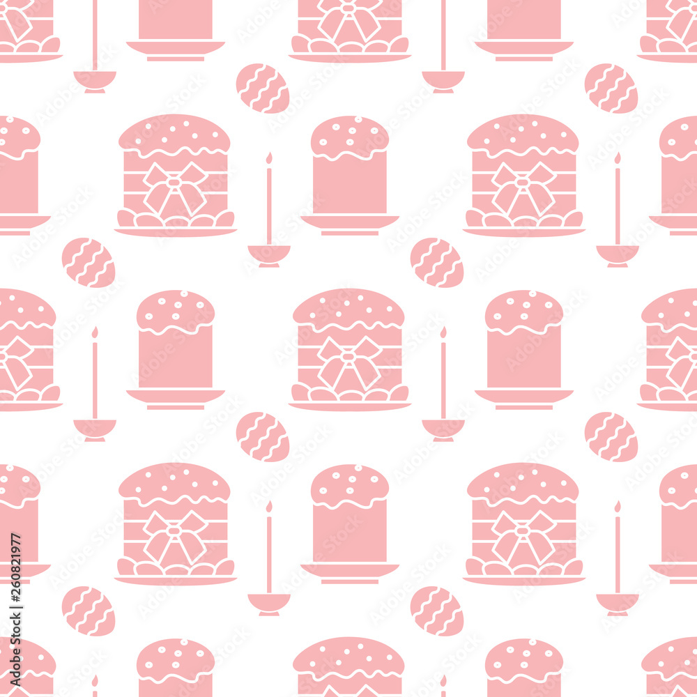 Seamless pattern with Easter cakes, candle, eggs.