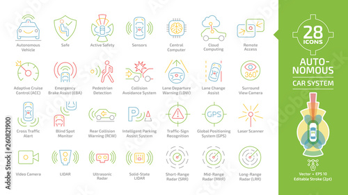 Autonomous self drive car sensor control system editable stroke outline color icon set with driverless transport advanced assistance remote technology with cameras and radars line pictogram.
