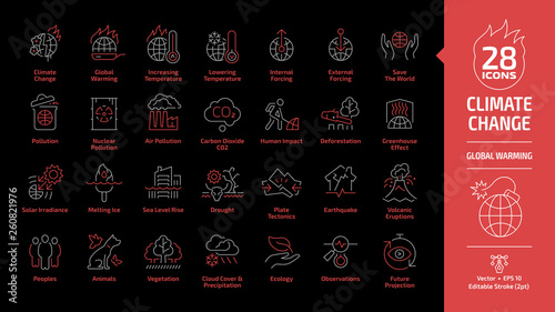 Climate change or global warming editable stroke outline danger red icon set on a black background with world heat temperature, globe greenhouse effect, air co2 pollution, melting ice line eco sign.