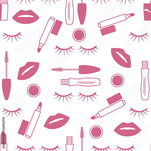 Seamless pattern Eyelashes, lips, mascara lipstick