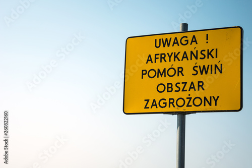 Yellow warning sign - attention, African swine fever, area at risk