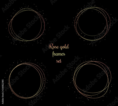 Hand drawn rose gold circular frames set, isolated on black. Metallic decorative elements with sparkles.