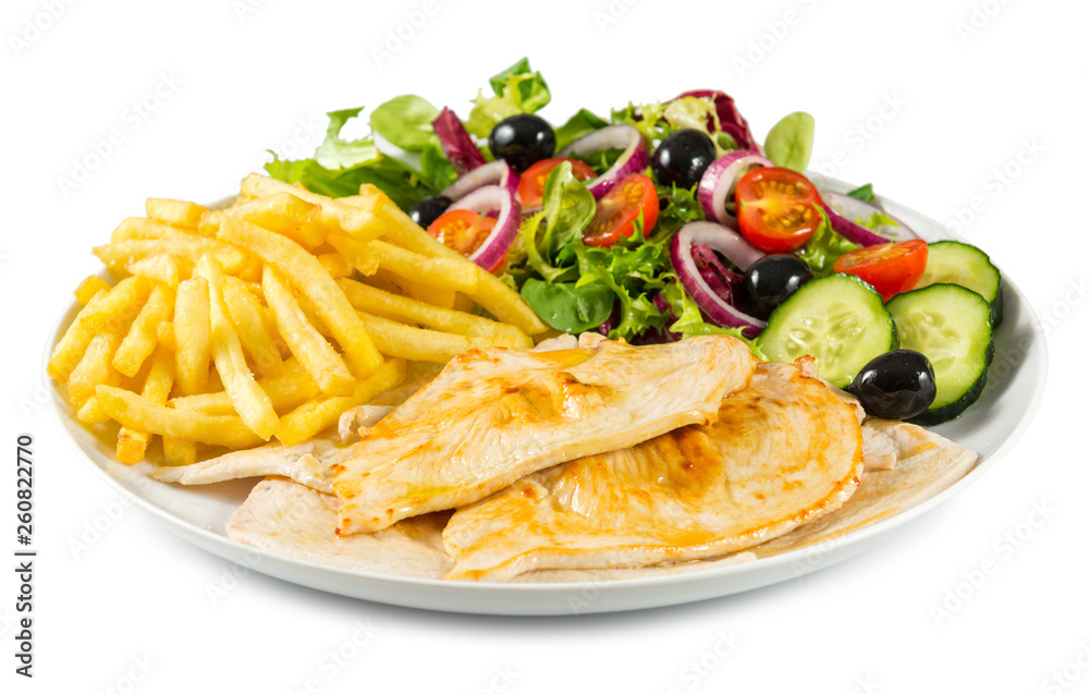 Filetes de pollo con patatas y ensalada Filetes de pollo con patatas y ensalada