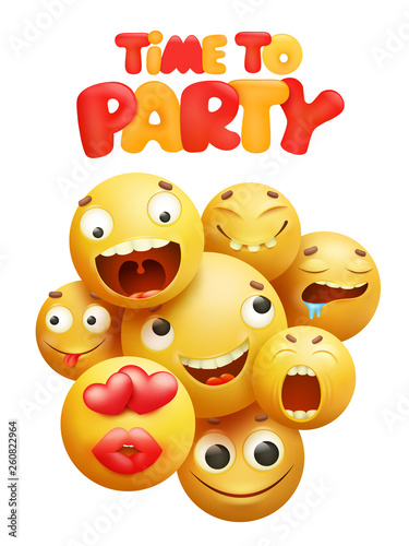 Time to party invitation card with group of yellow smile cartoon characters.