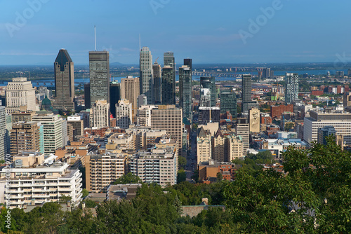 Montreal, Quebec, Canada, September 01, 2018: view of the city of Montreal in Quebec, from the Chalet du Mont Royal Mount Royal Kondiaronk belvedere viewpoint. the central business district.