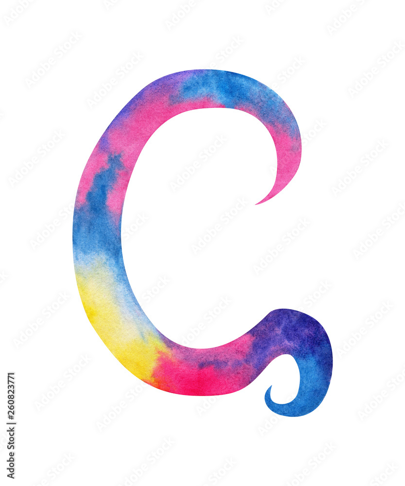 Hand painted watercolor english letter G whit gentel pink, blue, purple and yellow splashes