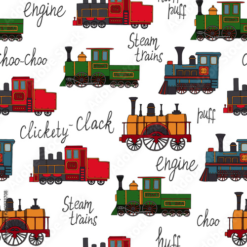Vector seamless pattern of retro engines. Repeating background of vintage trains isolated on white background. Cartoon style endless illustration of old trains for children