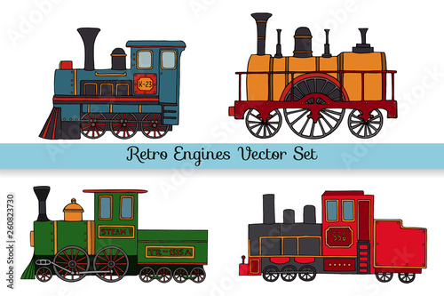 Vector set of retro engines. Collection of vintage trains isolated on white background. Cartoon style illustration of old trains for children