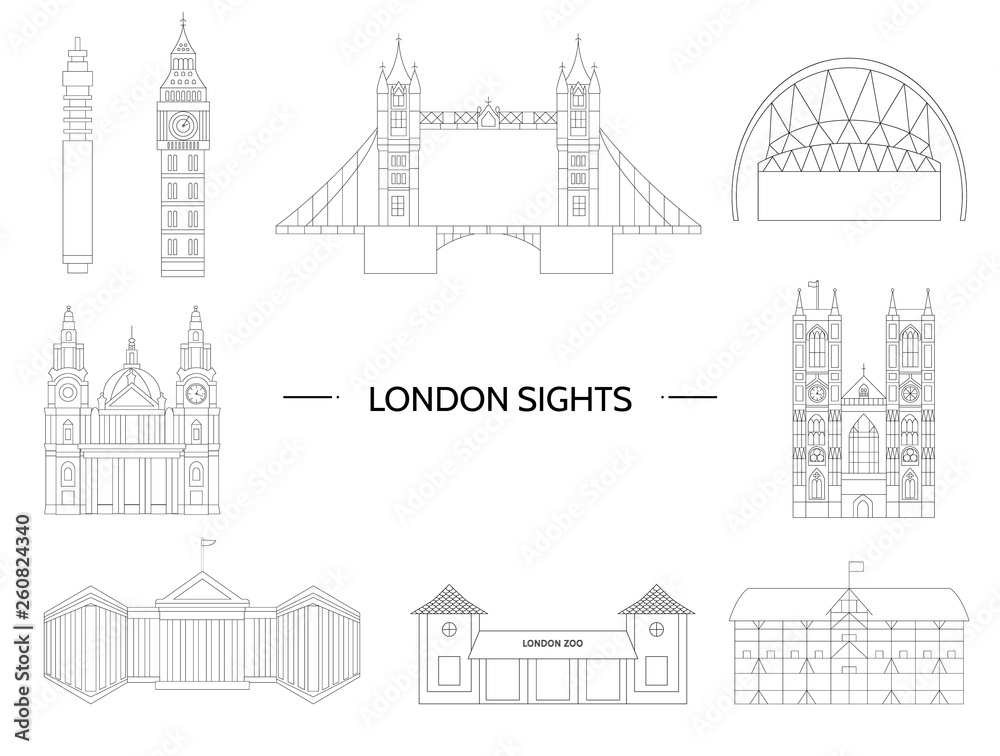 Set of London sights. Vector illustration of England places of interest. Symbols of London city. Vector line drawing. Geometric flat illustration