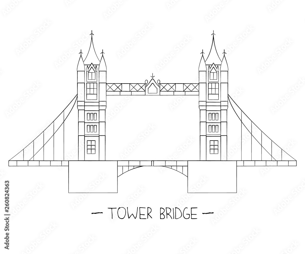 Obraz premium Vector illustration of London sights. London city symbol isolated on white background. Tower bridge in line art style