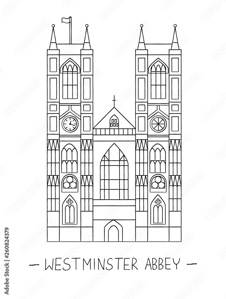 Fototapeta premium Vector illustration of London sights. London city symbol isolated on white background. Westminster abbey in line art style
