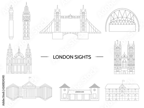 Set of London sights. Vector illustration of England places of interest. Symbols of London city. Vector line drawing. Geometric flat illustration