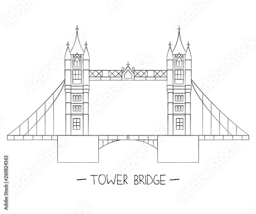 Vector illustration of London sights. London city symbol isolated on white background. Tower bridge in line art style