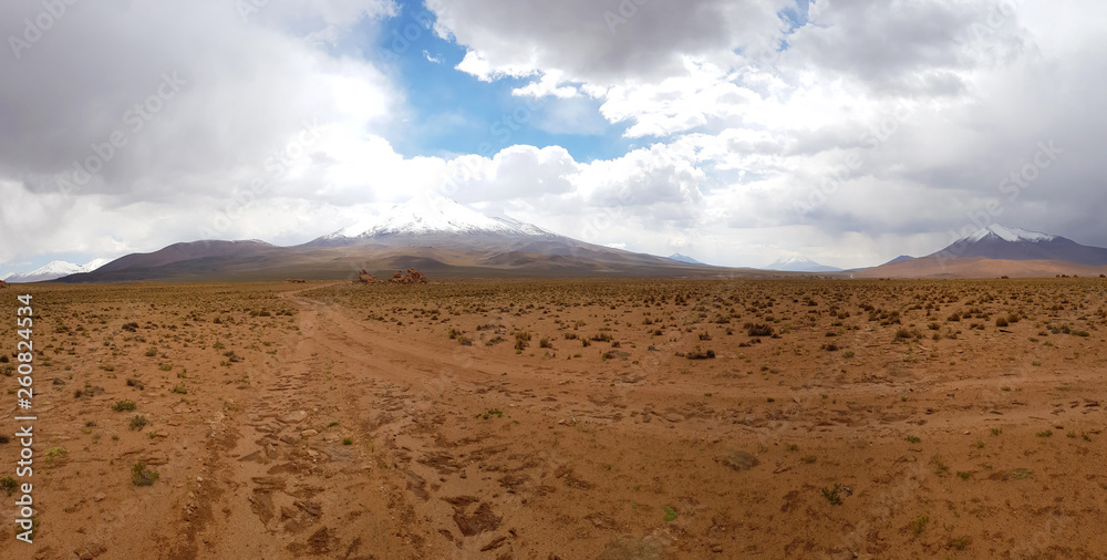 Desert landscape of the Andean plateau of Bolivia with peaks of snow-capped volcanoes of the Andean cordillera