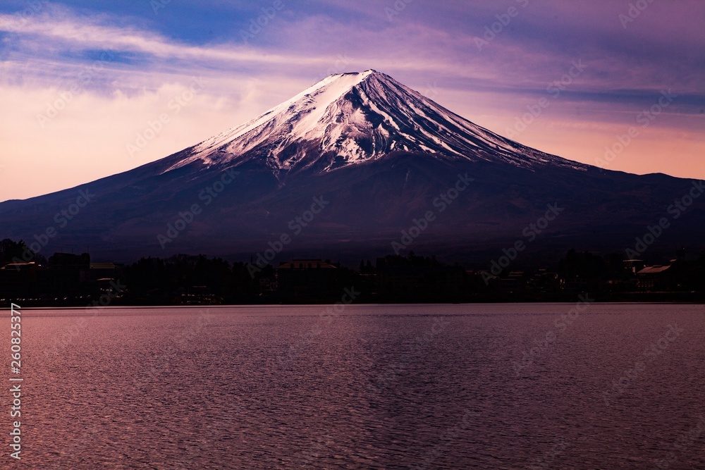 Fototapeta premium Fuji Mountain at Kawaguchiko lake in Japan with dramatic sky.
