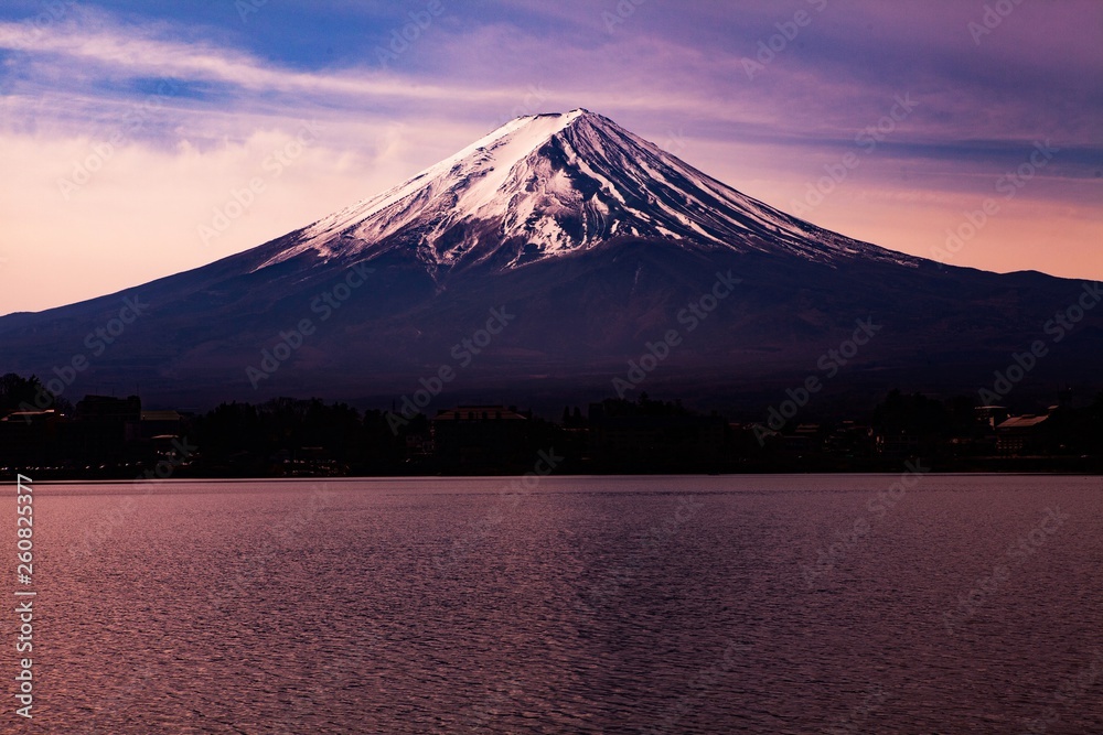 Fuji Mountain at Kawaguchiko lake in Japan with dramatic sky.
